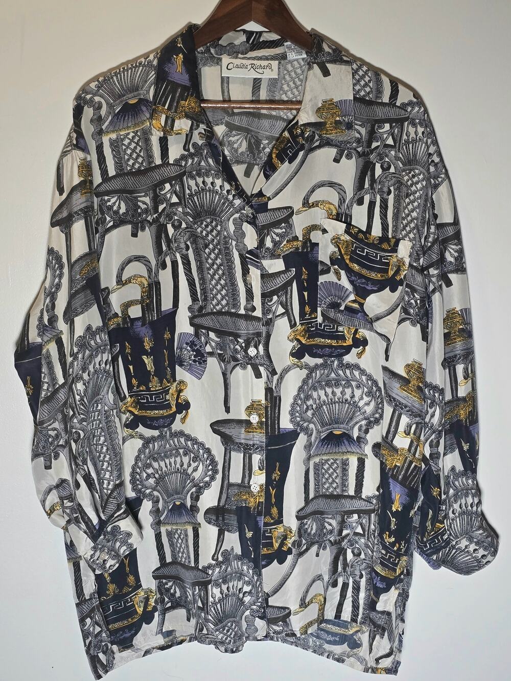 Vintage Claudia Richard 100% Silk Blouse XL Baroque Novelty Print Art Shirt